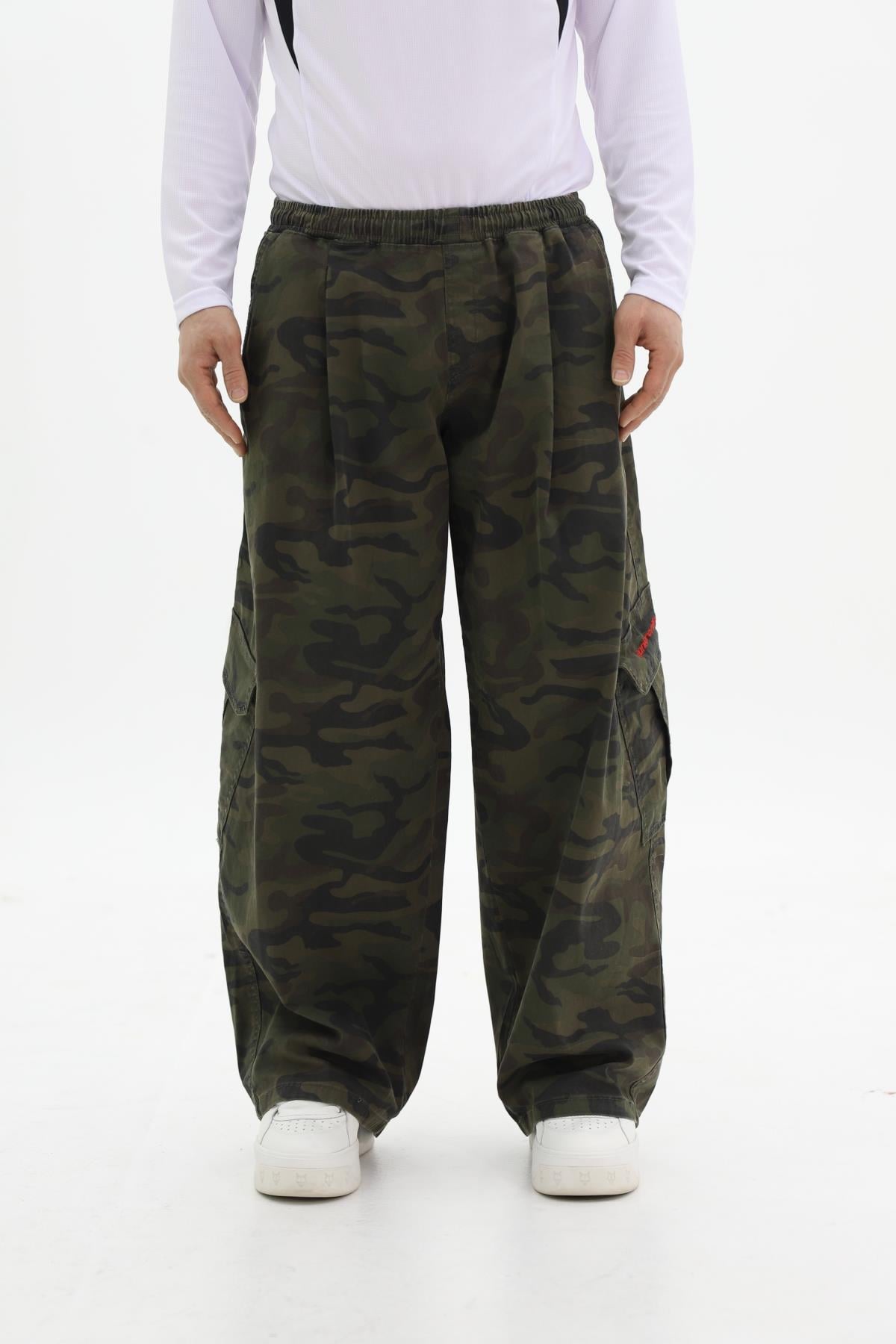 Kamuflaj Desenli Haki Low Waist Baggy Pantolon