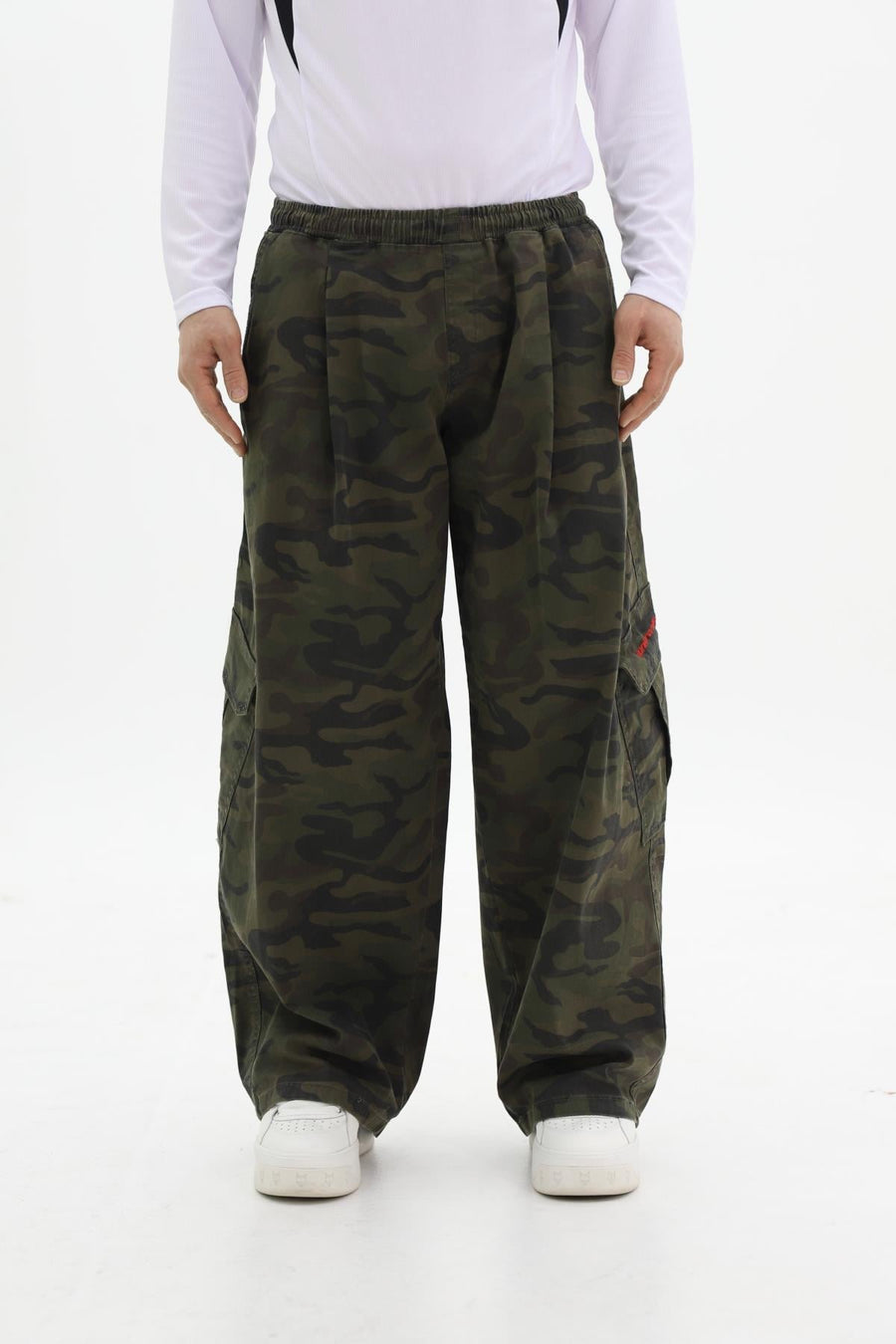 Kamuflaj Desenli Haki Low Waist Baggy Pantolon