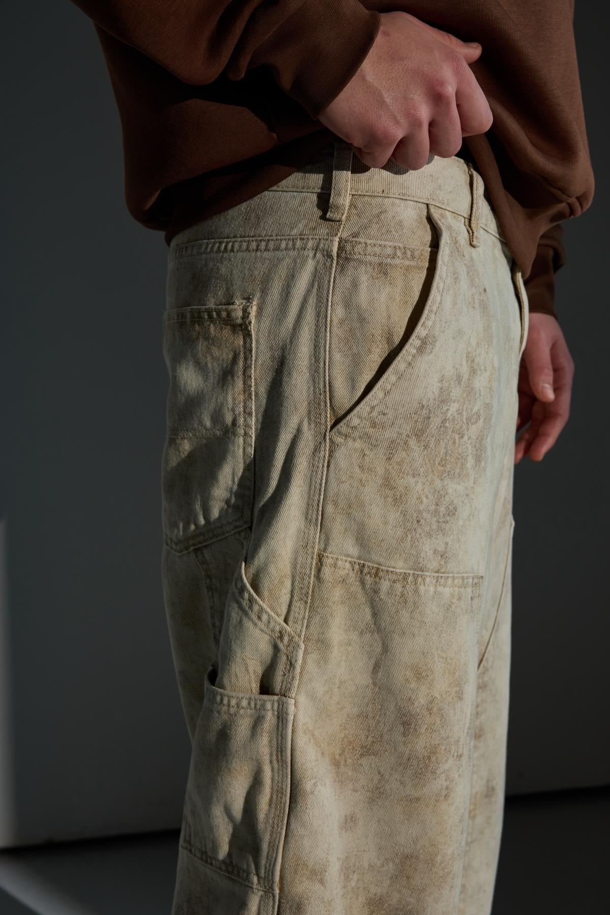 Blok Detay Desenli Krem Baggy Jean Pantolon
