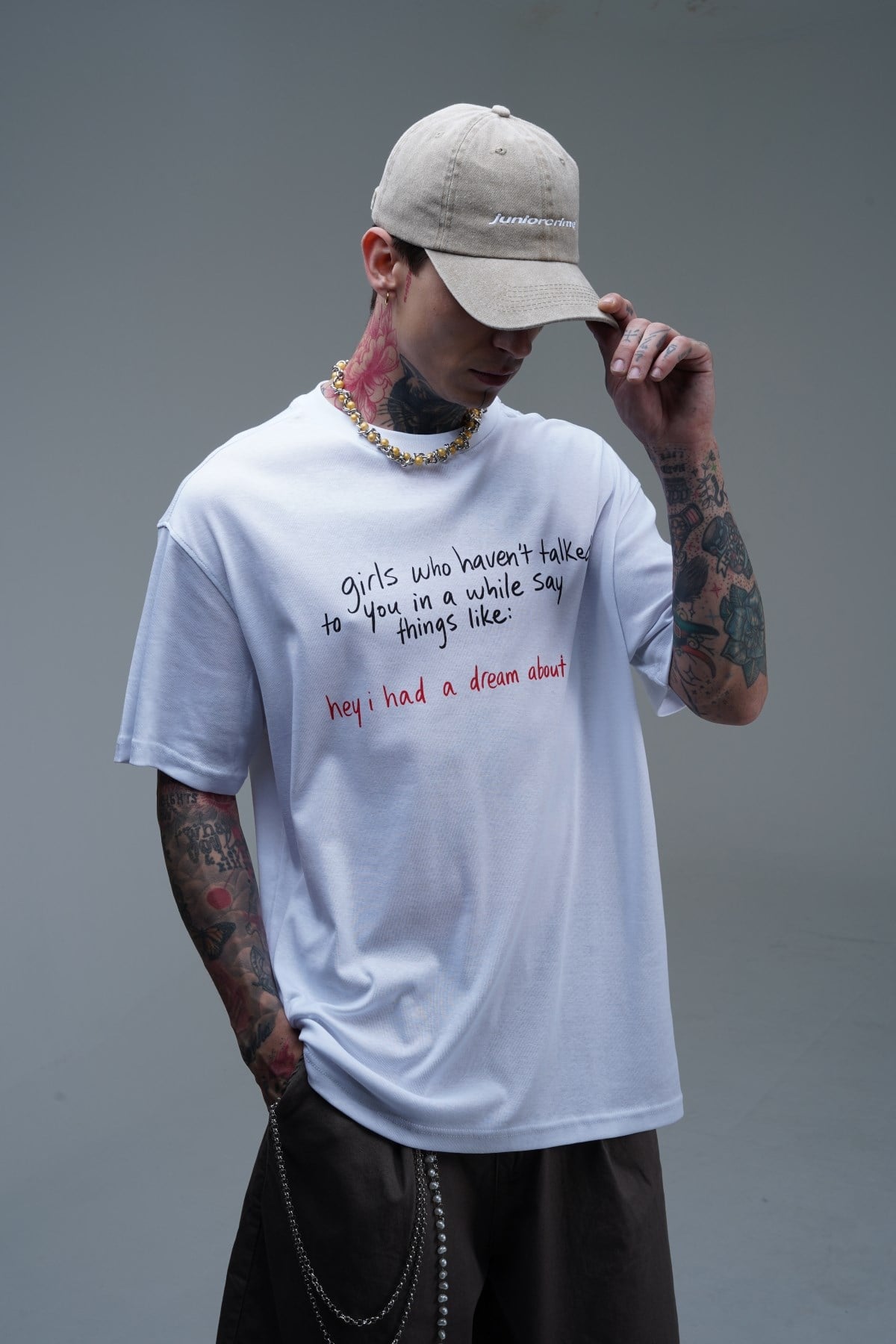 Bisiklet Yaka Baskılı Beyaz Oversize Tshirt CT01 26CY011