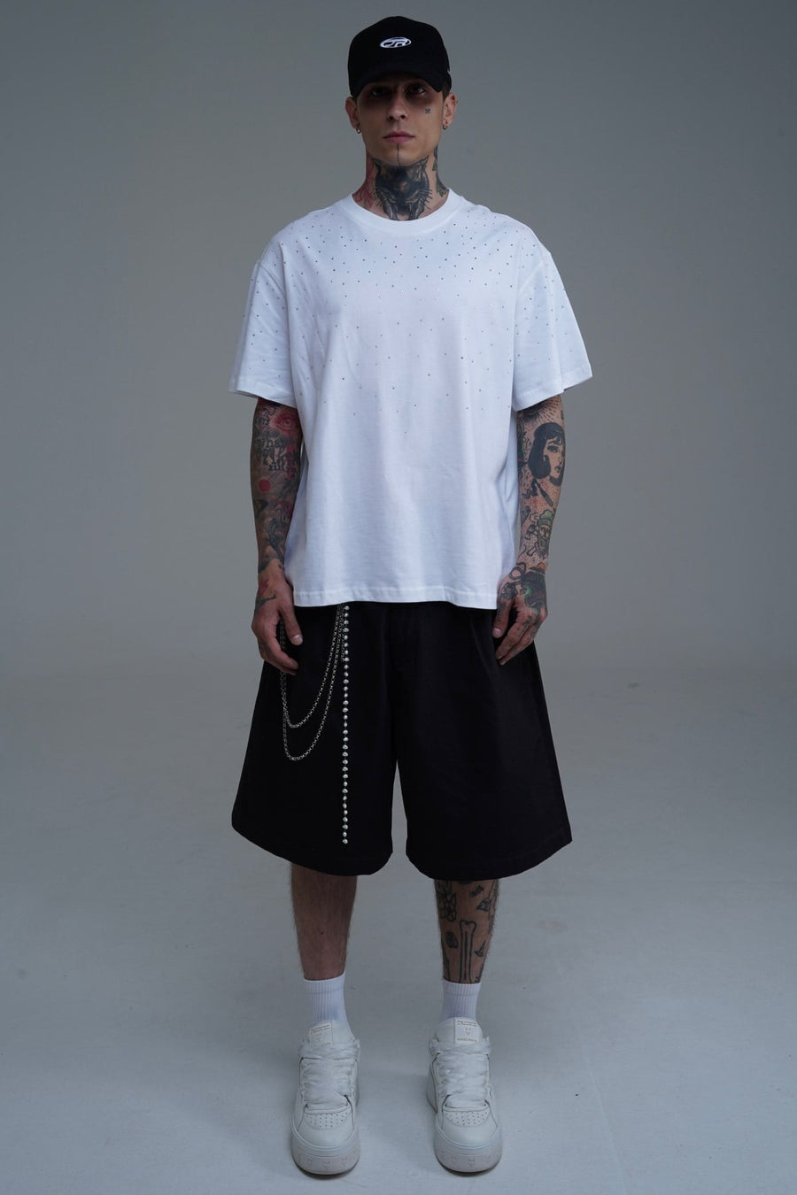 Taş Baskılı Beyaz Oversize Tshirt CT01 25CY087