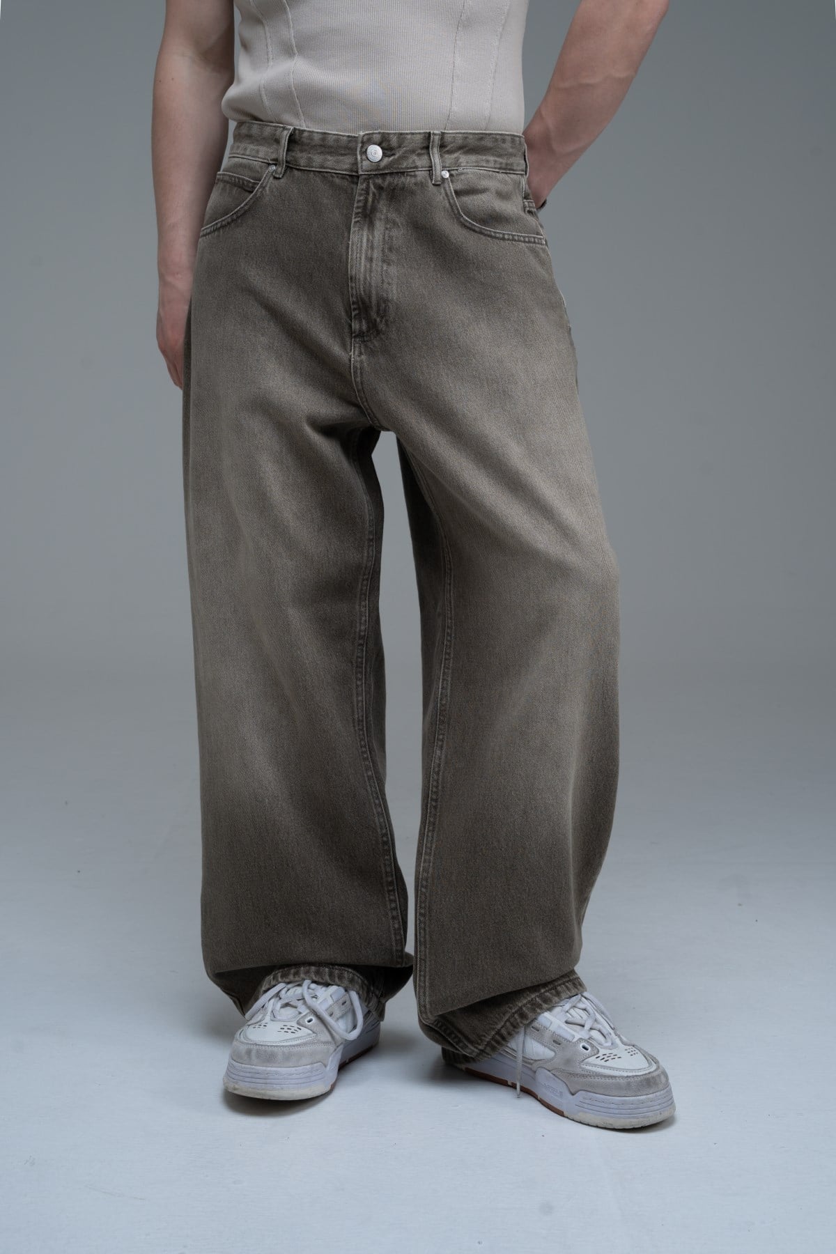 Yıkama Efektli Açık Kahve Baggy Jean