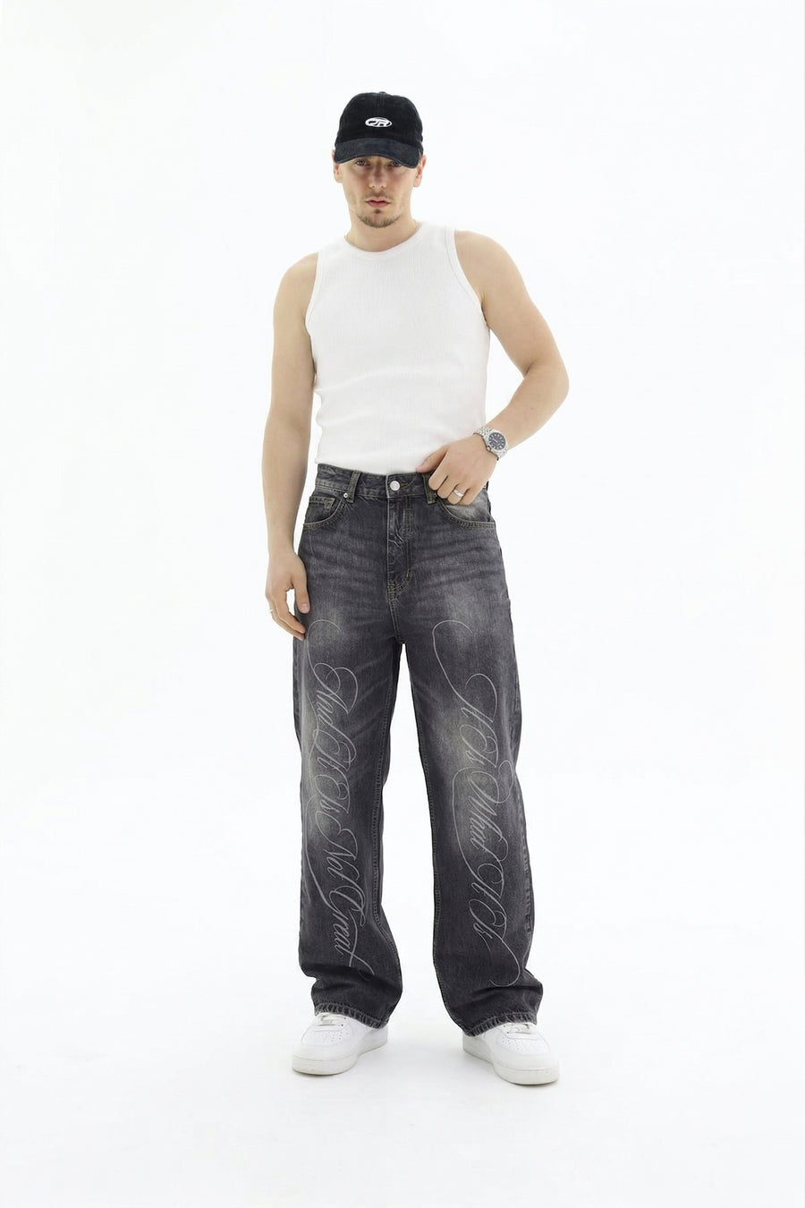 Graffiti Desen Acid Wash Füme Jean Pantolon