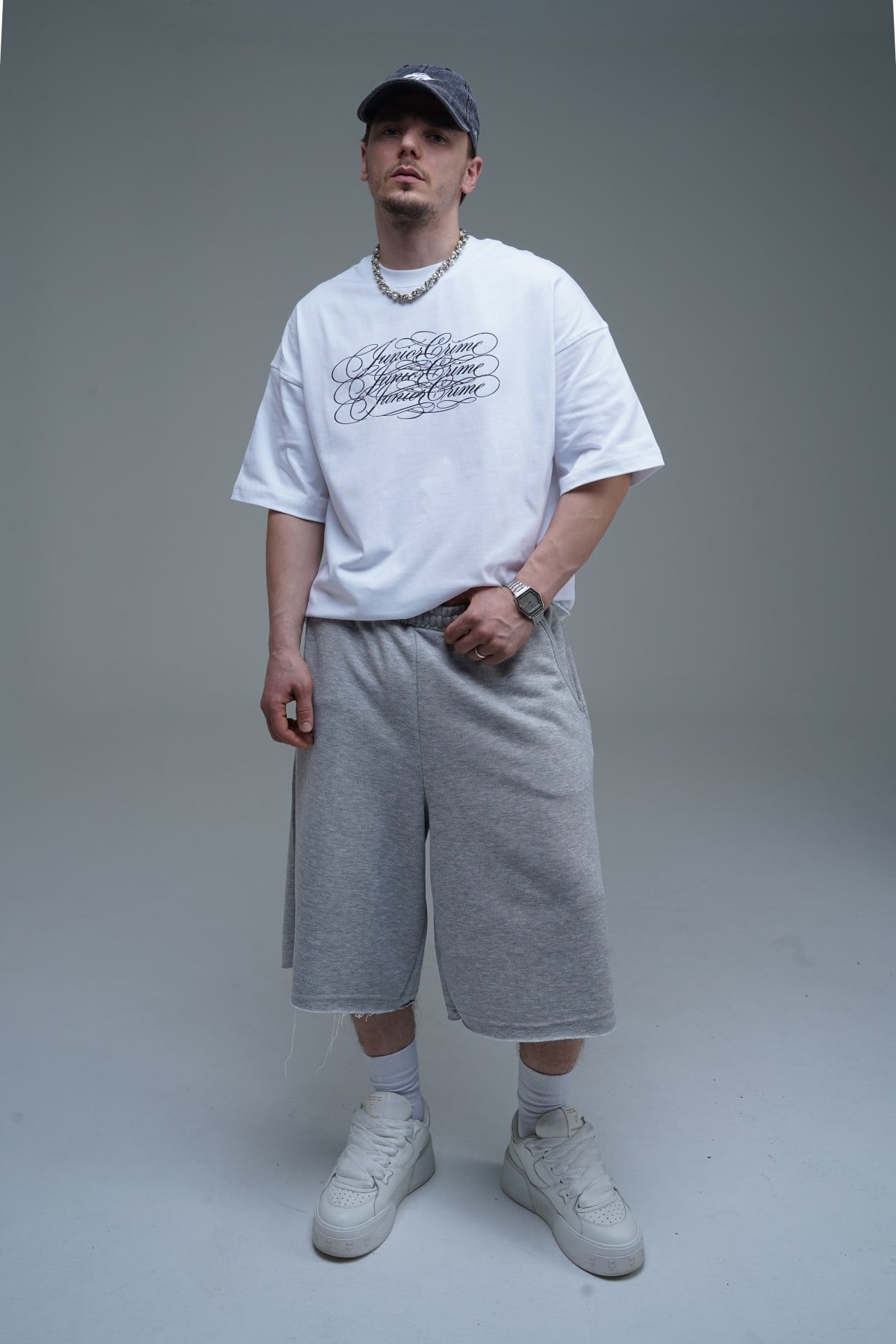 JR Nakışlı Gri Jogger Baggy Şort