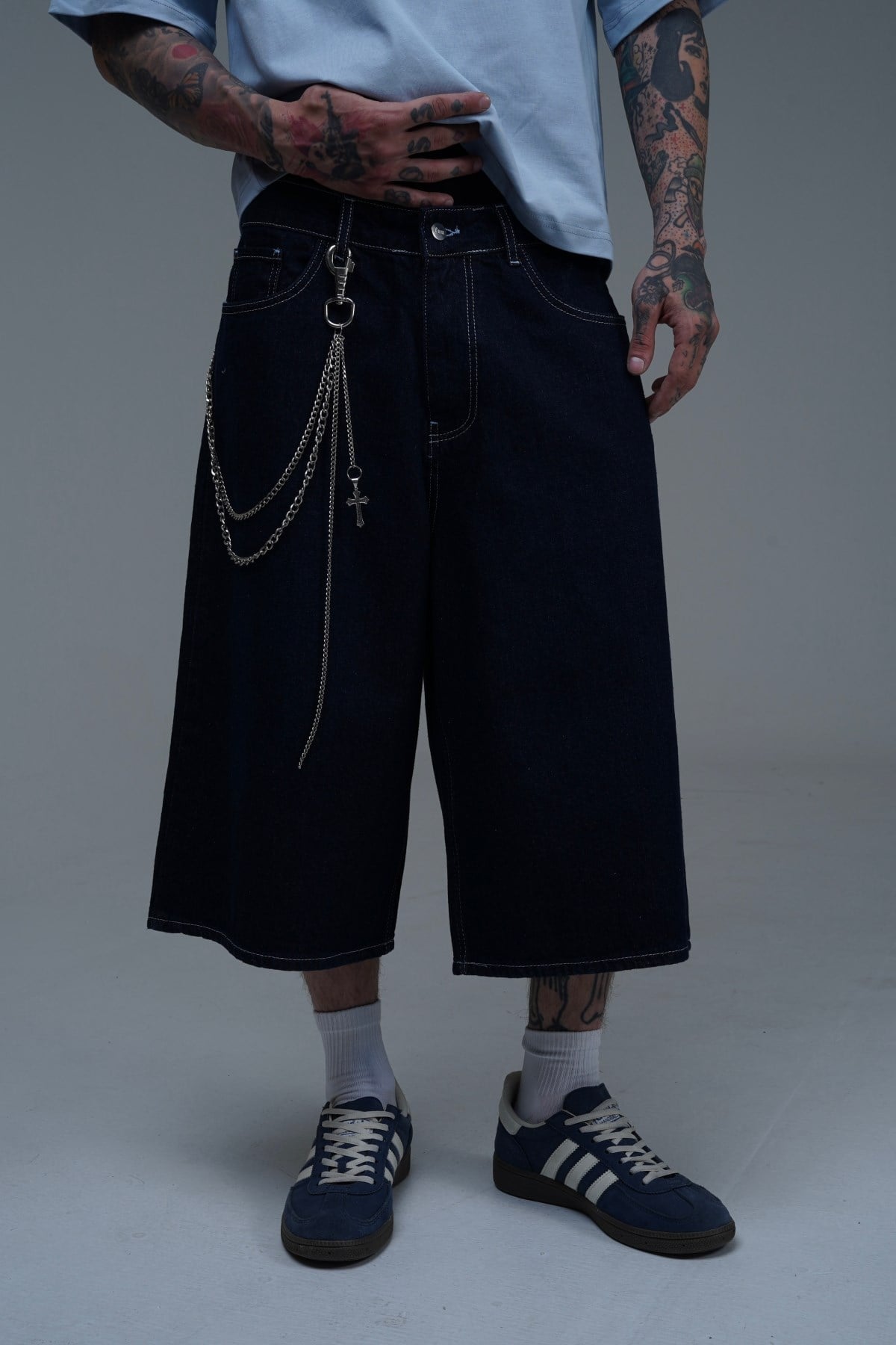 Kontrast Dikiş Lacivert Baggy Jean Şort