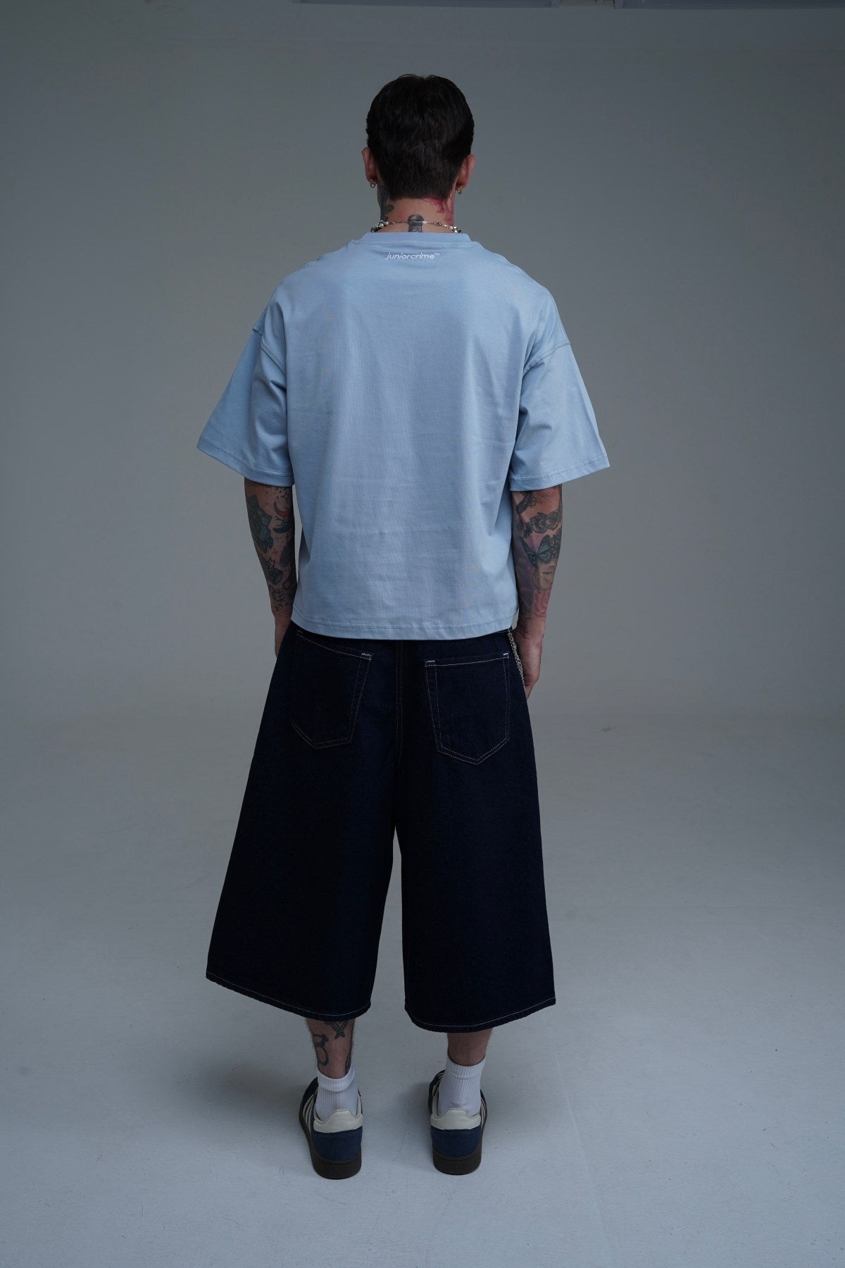 Kontrast Dikiş Lacivert Baggy Jean Şort