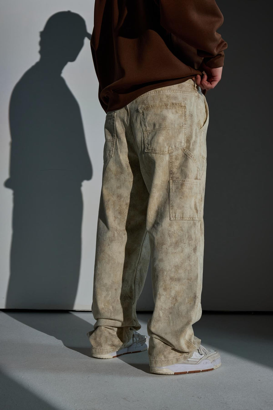 Blok Detay Desenli Krem Baggy Jean Pantolon