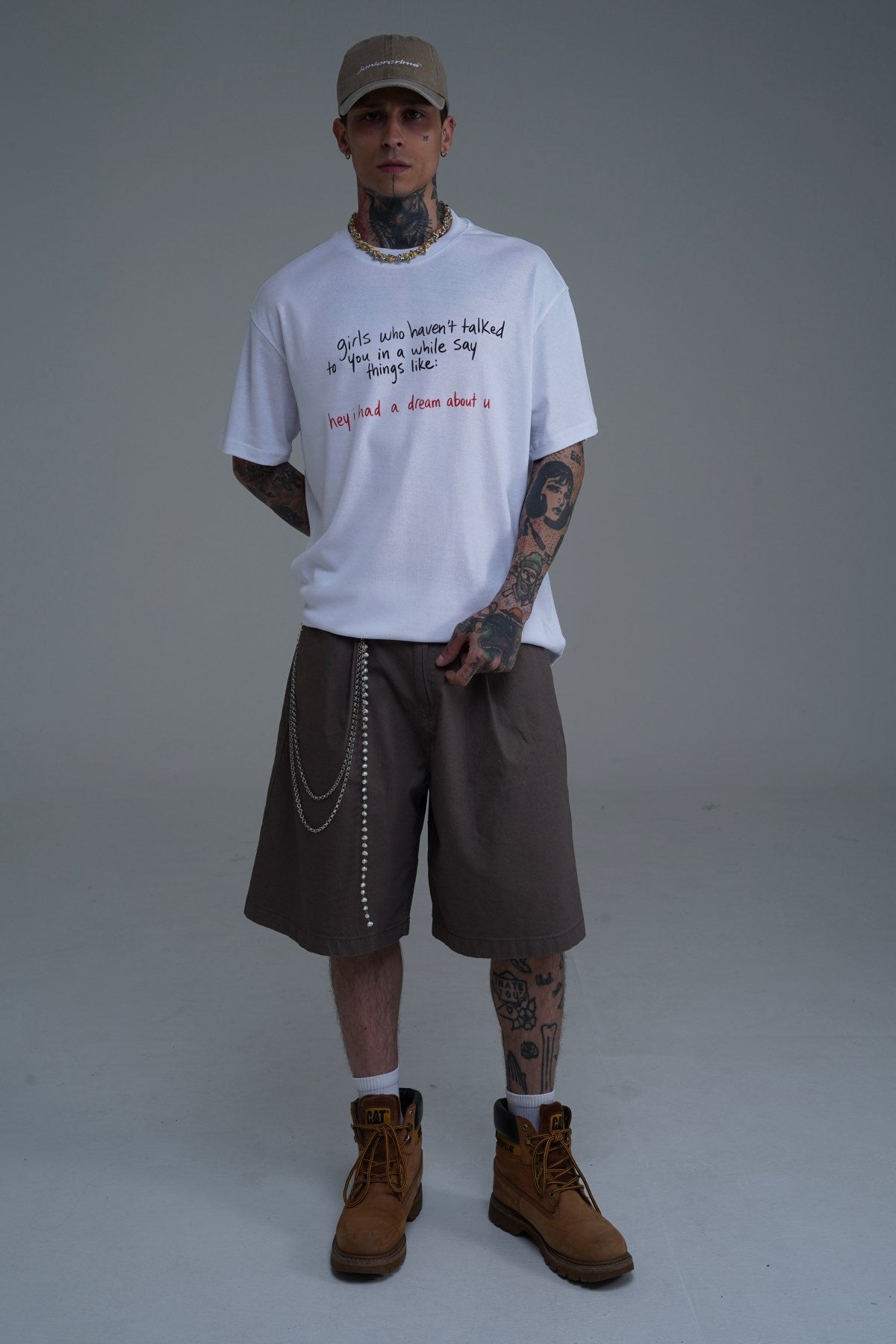 Bisiklet Yaka Baskılı Beyaz Oversize Tshirt CT01 26CY011