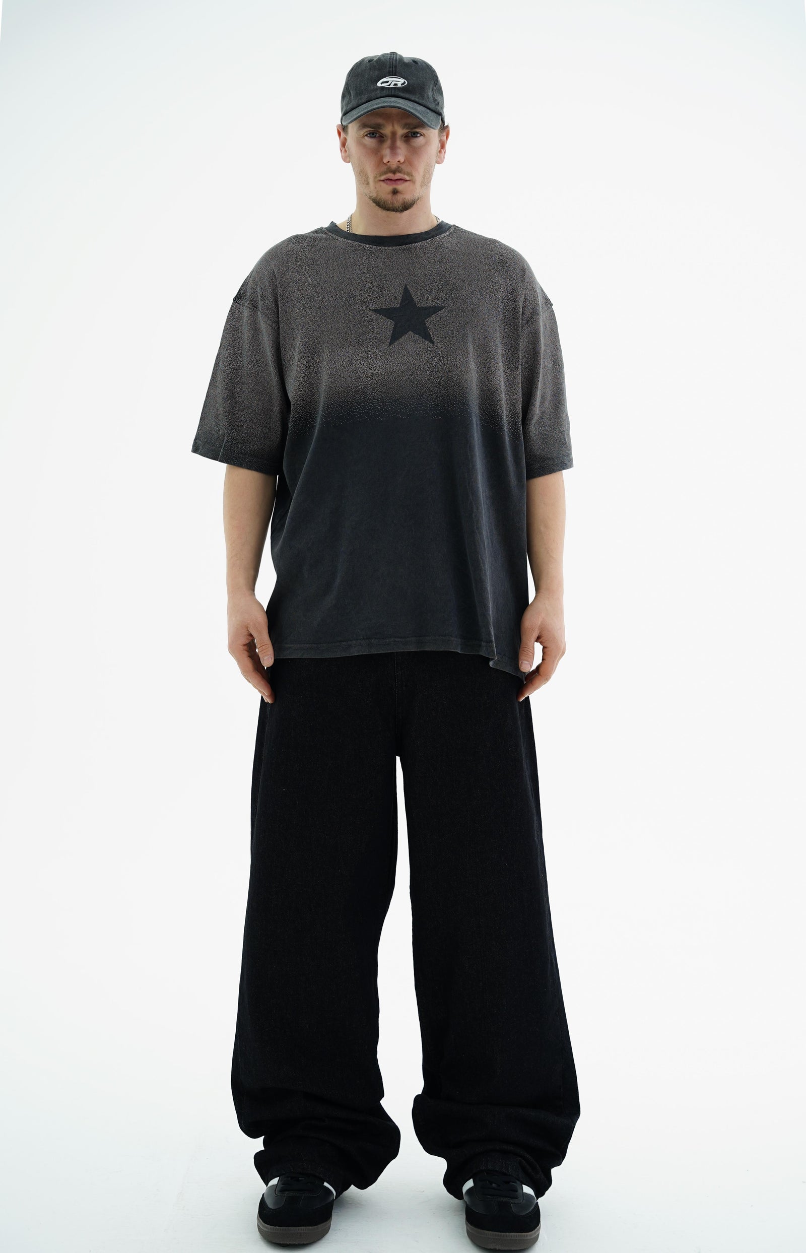 Star Baskılı Yıkama Efektli Siyah Oversize Tshirt CT01 25CY082
