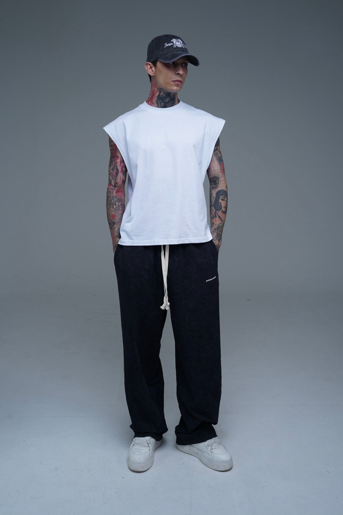 Juniorcrime Baskılı Siyah Acid Wash Baggy Eşofman