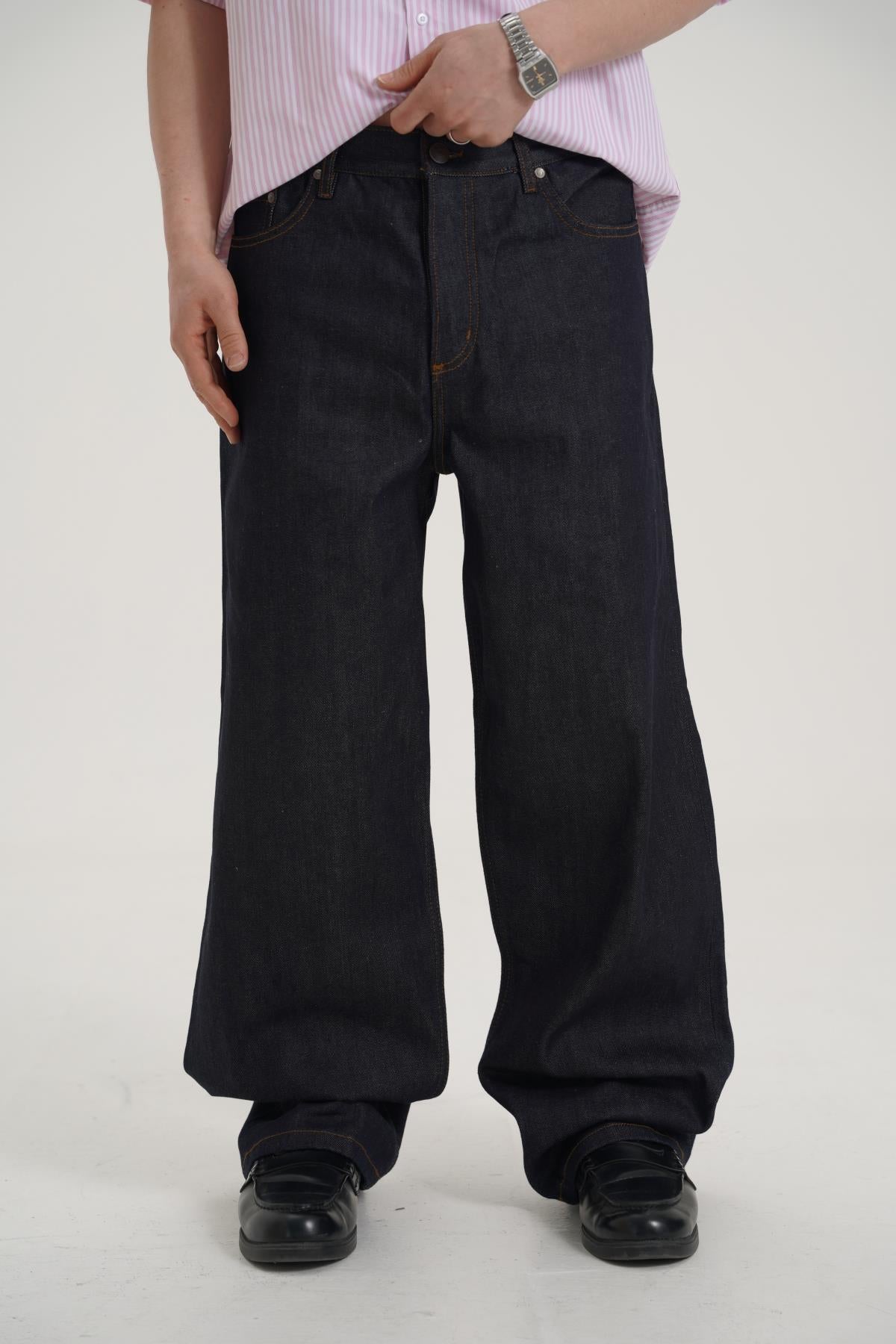 Kontrast Dikiş Wide Leg Baggy Raw Denim