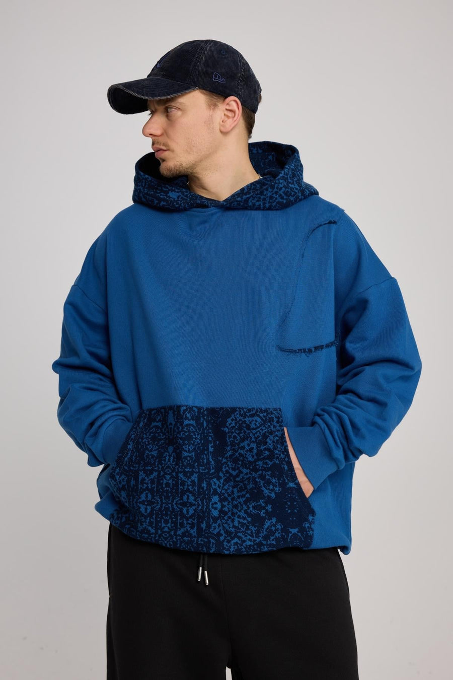 Etnik Desen Detaylı Oversize Mavi Hoodie SR01