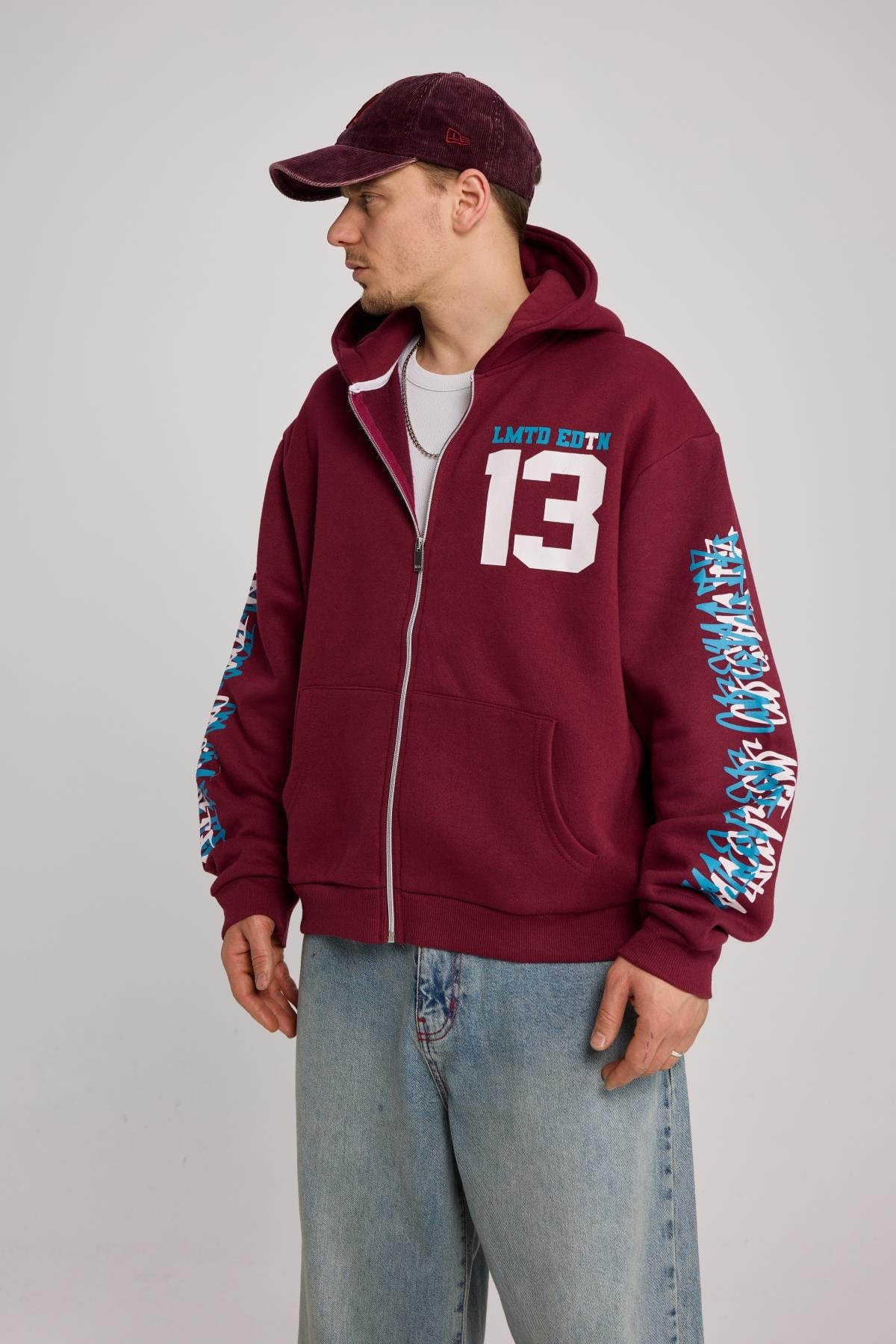 Baskılı Bordo Oversize Limited Zipper Hoodie