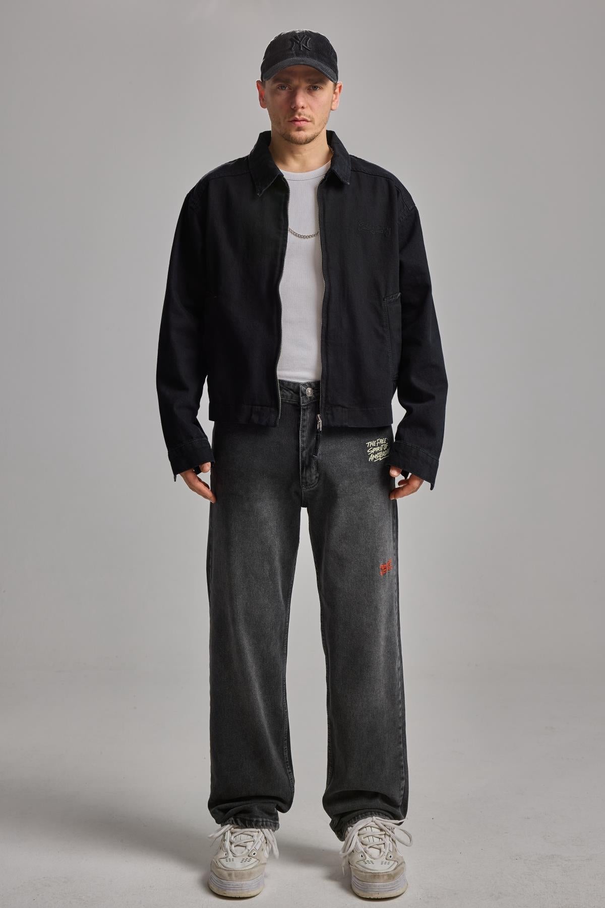 Siyah Nakışlı Oversize Jean Ceket 4615