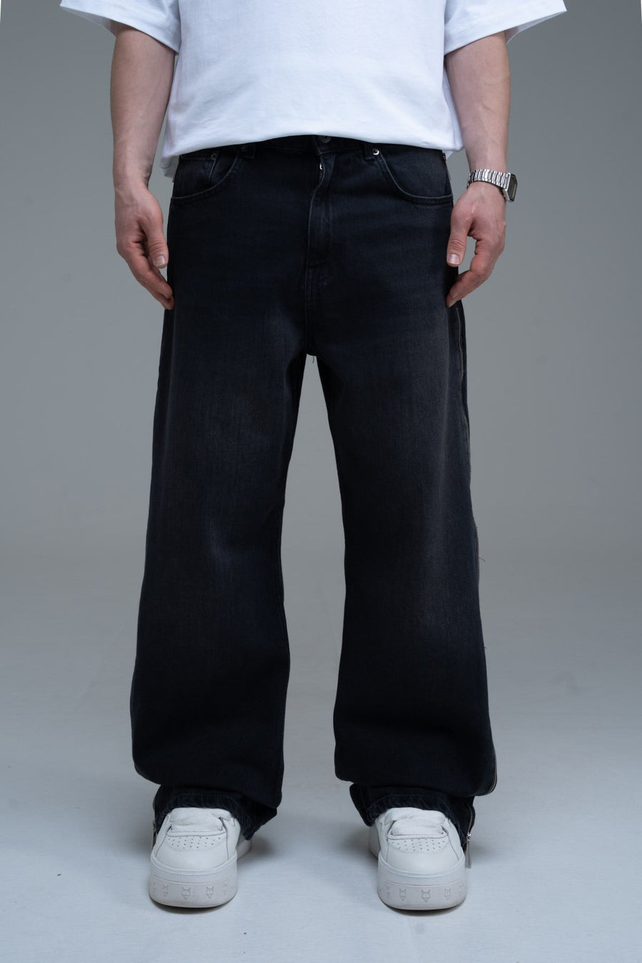 Fermuar Detay Siyah Baggy Jean